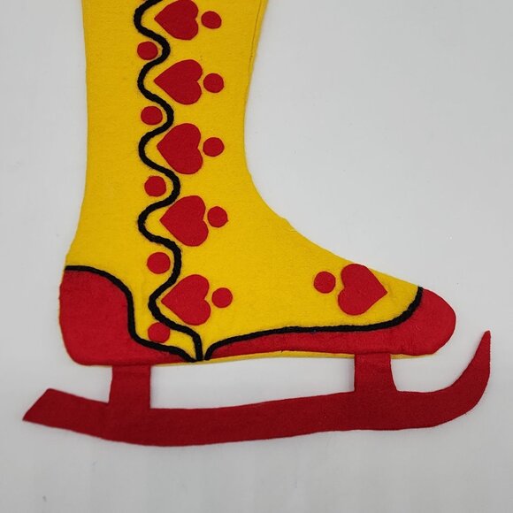 Vintage Handmade Yellow Felt Ice Skate Christmas Stocking Red Hearts - Picture 4 of 5